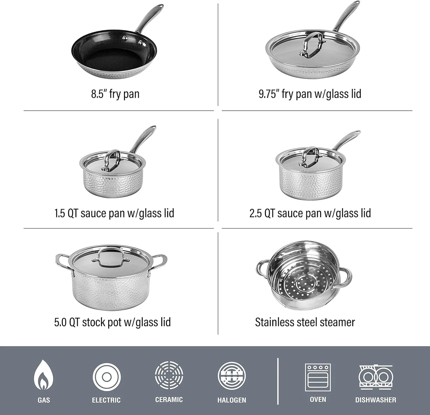 Granitestone Hammered Diamond Infused 10 Pc Pots and Pans Set Non Stick, Reinforced Aluminum Ultra Durable Cookware Set W/ Stay Cool Handles, Frying Pans, Skillets, Oven & Dishwasher Safe, Silver