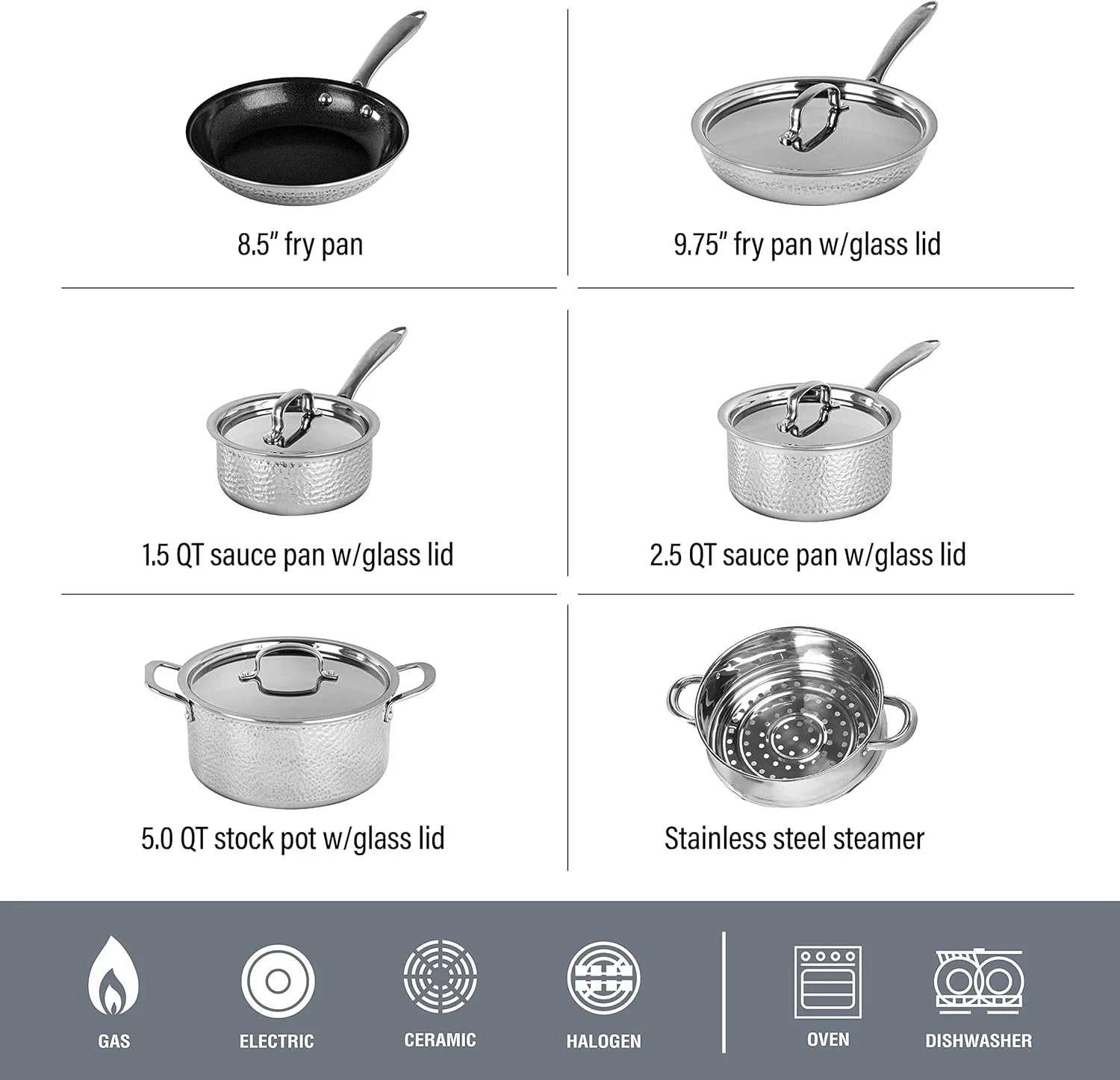 Granitestone Hammered Diamond Infused 10 Pc Pots and Pans Set Non Stick, Reinforced Aluminum Ultra Durable Cookware Set W/ Stay Cool Handles, Frying Pans, Skillets, Oven & Dishwasher Safe, Silver