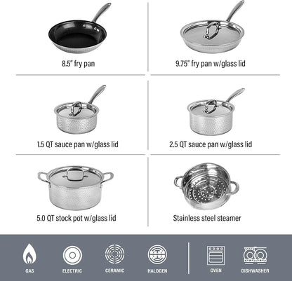 Granitestone Hammered Diamond Infused 10 Pc Pots and Pans Set Non Stick, Reinforced Aluminum Ultra Durable Cookware Set W/ Stay Cool Handles, Frying Pans, Skillets, Oven & Dishwasher Safe, Silver