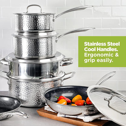 Granitestone Hammered Diamond Infused 10 Pc Pots and Pans Set Non Stick, Reinforced Aluminum Ultra Durable Cookware Set W/ Stay Cool Handles, Frying Pans, Skillets, Oven & Dishwasher Safe, Silver
