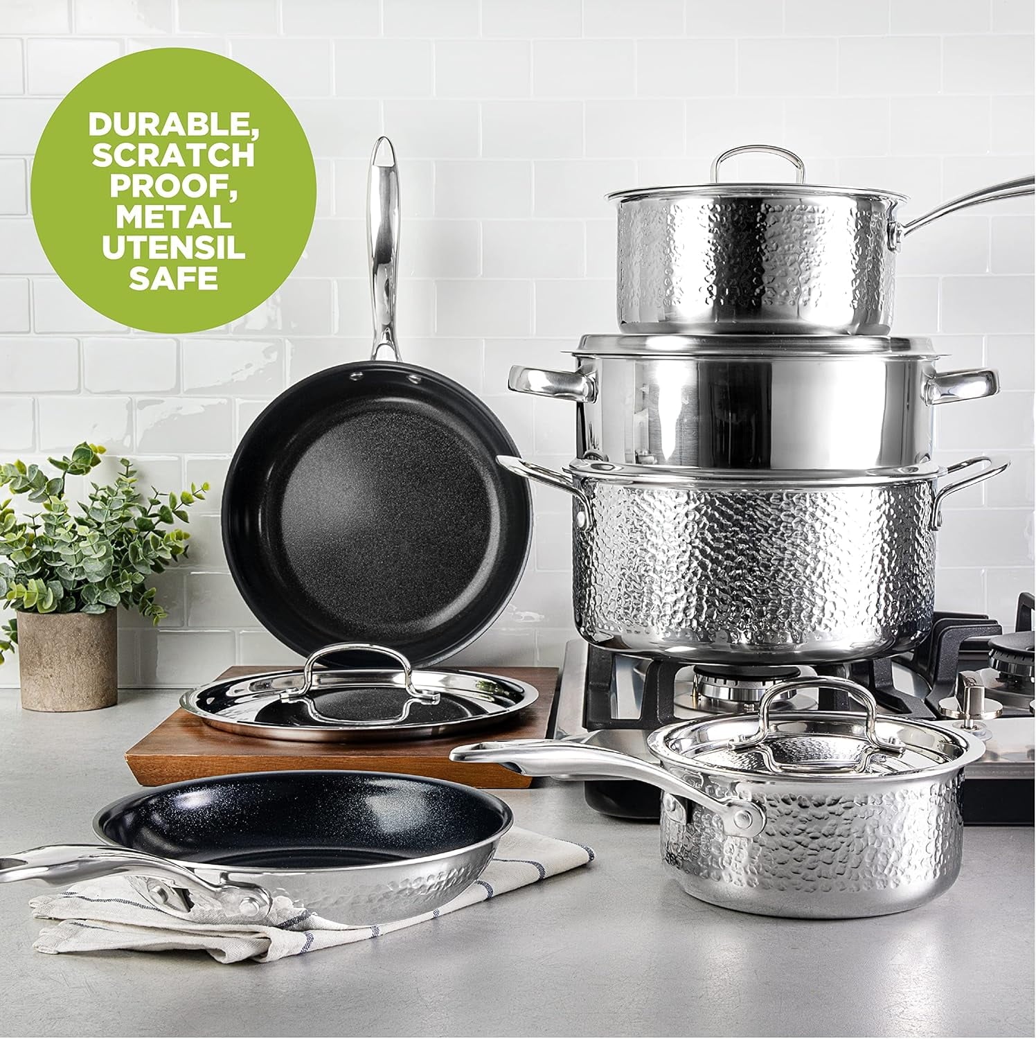Granitestone Hammered Diamond Infused 10 Pc Pots and Pans Set Non Stick, Reinforced Aluminum Ultra Durable Cookware Set W/ Stay Cool Handles, Frying Pans, Skillets, Oven & Dishwasher Safe, Silver