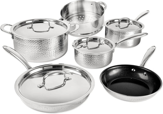 Granitestone Hammered Diamond Infused 10 Pc Pots and Pans Set Non Stick, Reinforced Aluminum Ultra Durable Cookware Set W/ Stay Cool Handles, Frying Pans, Skillets, Oven & Dishwasher Safe, Silver